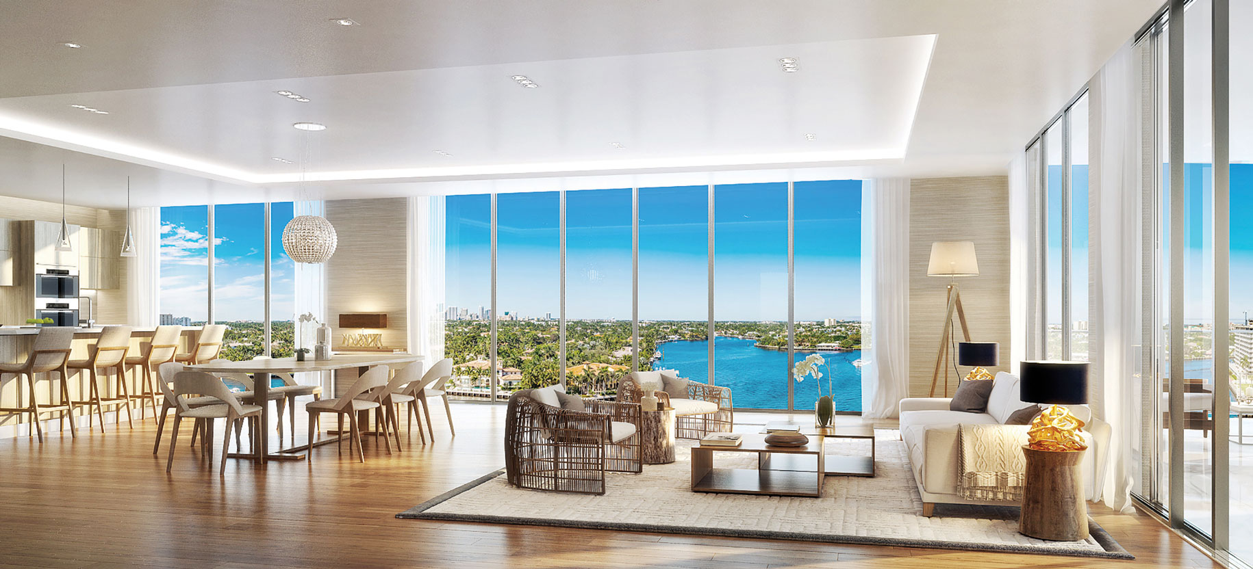 Living Room With Wood Floors and Ocean Views